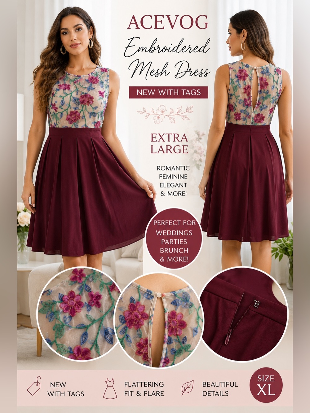 ACEVOG Embroidered Mesh Fit & Flare Dress XL NWT Burgundy Floral